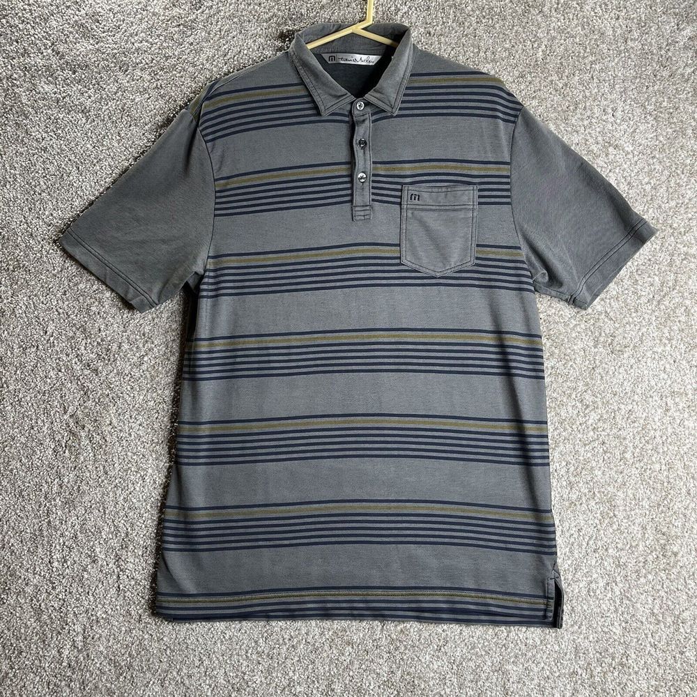 Travis Mathew Gray Polo Golf‎ Shirt Mens M Striped Performance Pocket Embroidery
